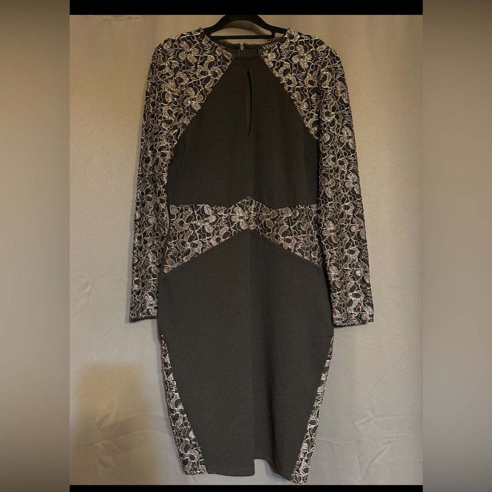 VENUS Silver, Gold and Black Keyhole Dress with Lace Accents